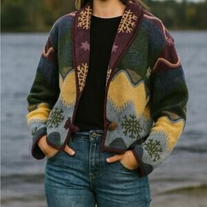 Vintage 90's Winter Snowflake Novelty Knit‎ Tapestry Jacket Oversized Cropped M